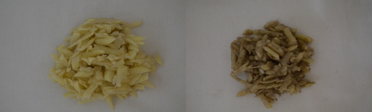 Bild på hackad potatis. Den ena genomredigerad, den andra brunfärgad kontroll. Foto: Matías González