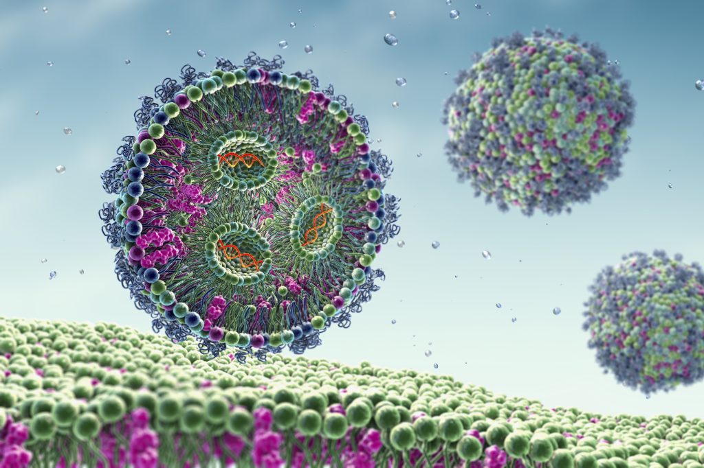 illustration av lipida nanopartiklar som innehåller DNA